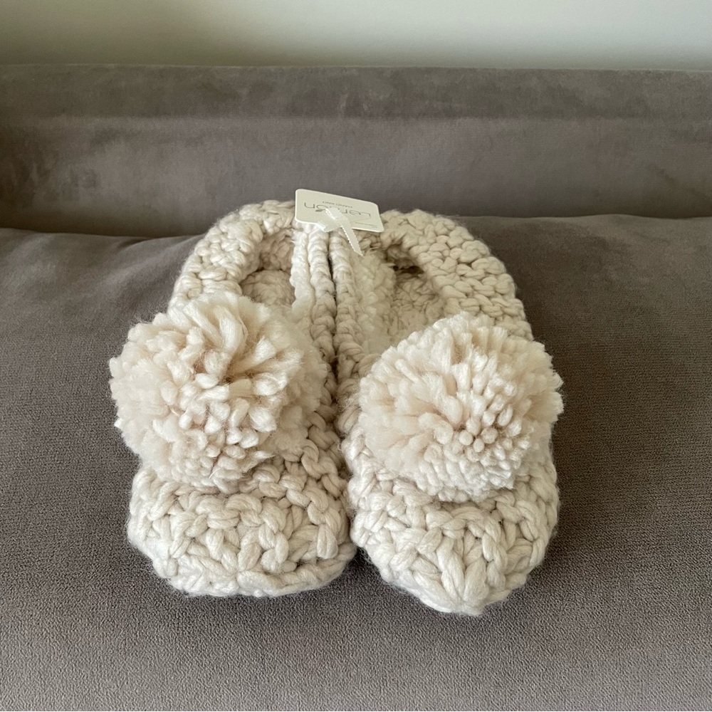 Beige Hand Knit Slippers with Pom Poms - Picture 5 of 7